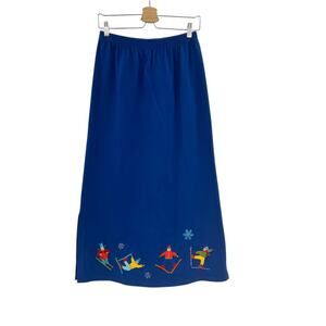 Michael Simon Lite Ski Trip Snowflake Embroidered Novelty‎ Midi Skirt Blue Small